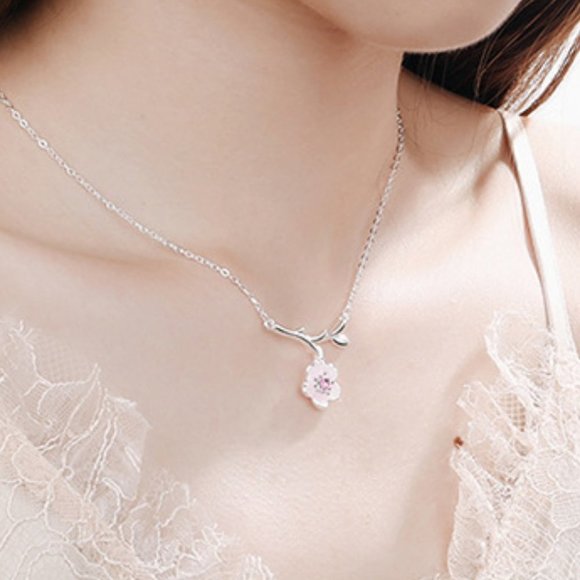 #NEW 925 Sterling Silver Pink White Diamond Cherry Blossom Leaf Branch Necklace - Picture 7 of 11